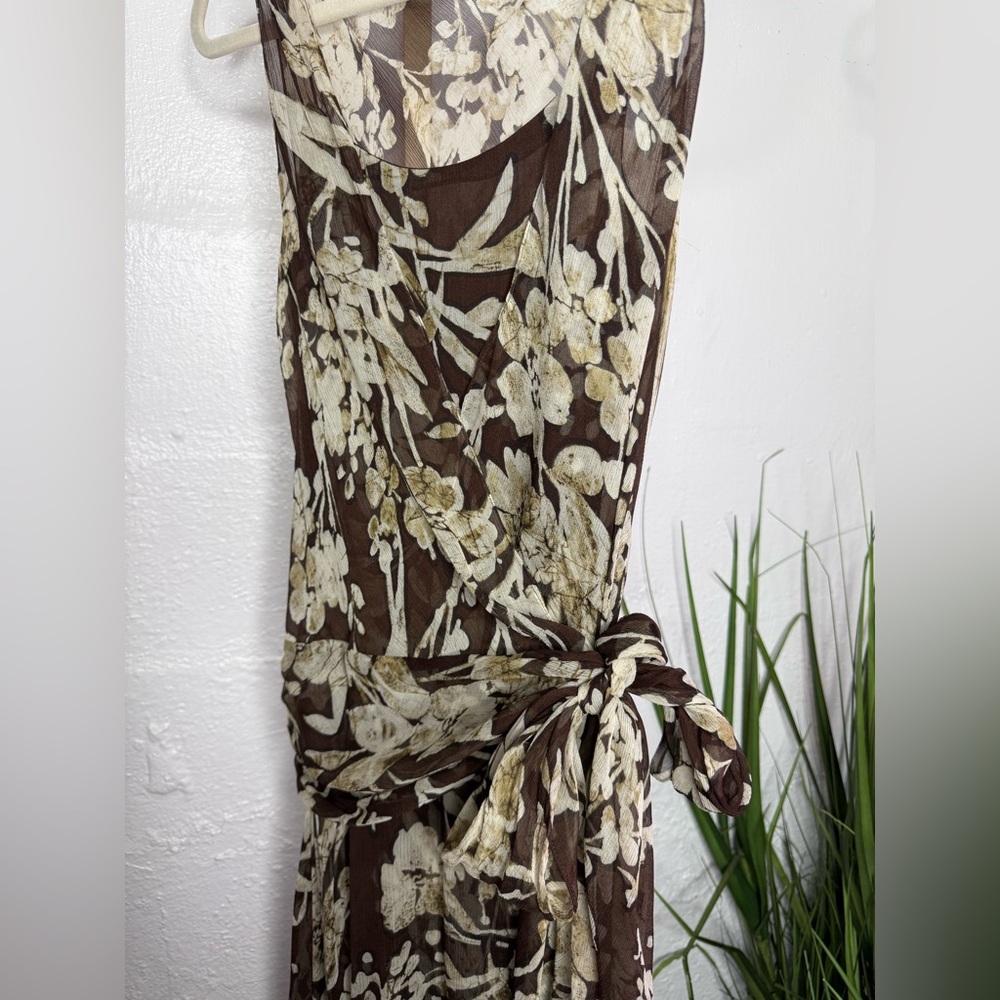 Anne Klein 100% Silk Floral Dress Sleeveless Brown Cream Wrap Waist Midi Dress - Picture 9 of 9